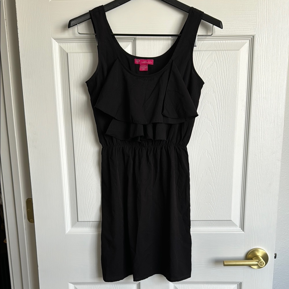 Lightweight Breezy Black Sheath Mini Cocktail Dress w Ruffle Detail on Neckline